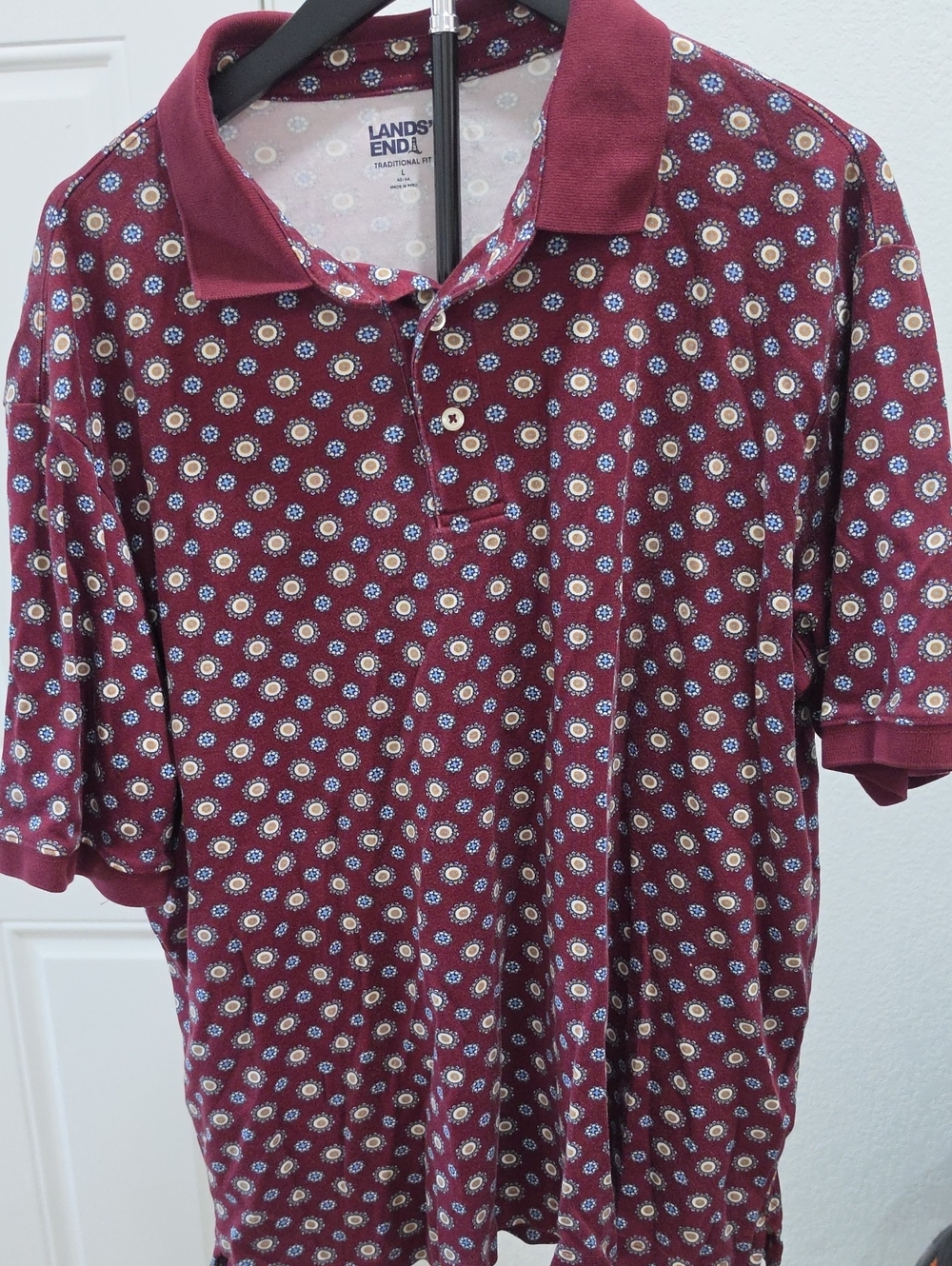 Lands' End Men's Maroon Polo with Small Floral Medallion Print
